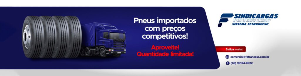 Pneus importados com preços competitivos. Banner home. Imagem de 3 pneus e caminhão em menor proporção ao lado.