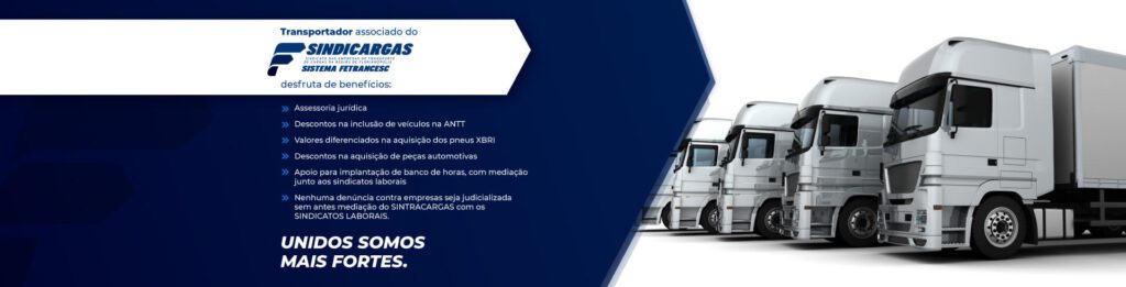 Unidos somos mais fortes. Banner home, imagem de sequencia de caminhões. Indicando união, importancia do sindicado